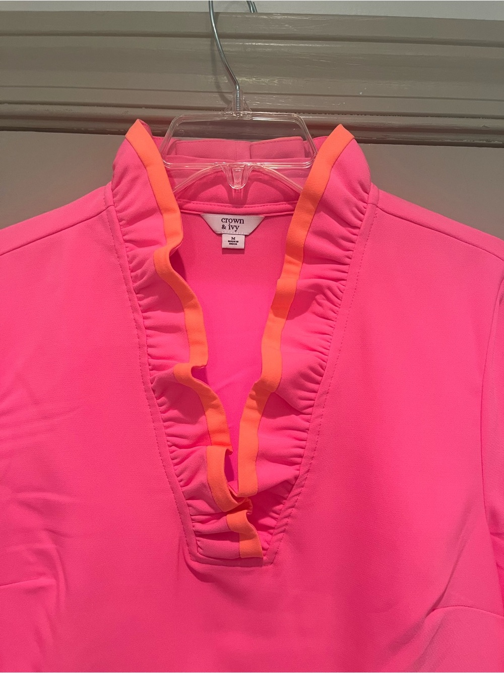 crown & ivy Pink Ruffle V-Neck Blouse with Orange Trim
